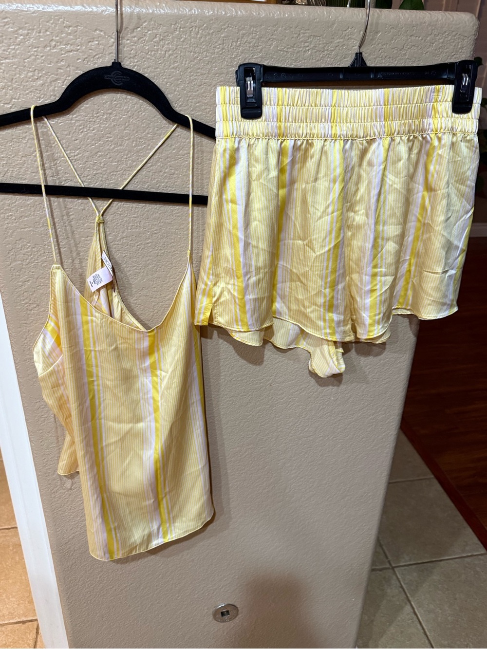 Yellow Striped Satin Cami & Shorts Set